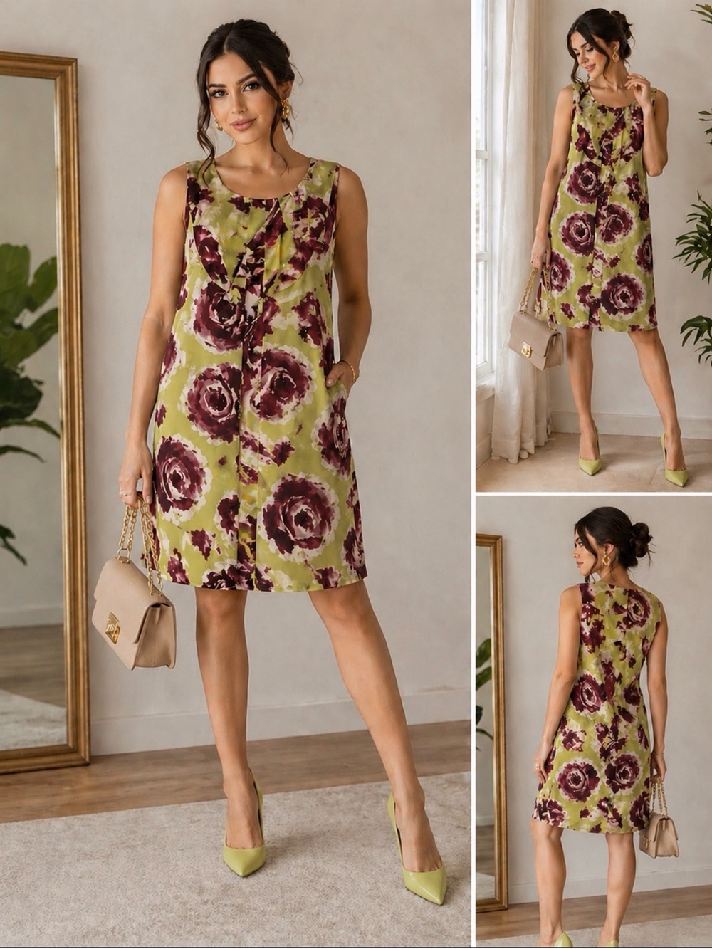 Simply Vera Wang Floral Dress Size 16 Green Burgundy Pleated Chic.